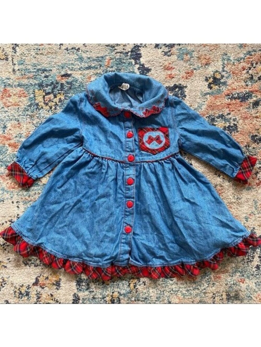 Vintage Denim Plaid Ruffle Collar Dress